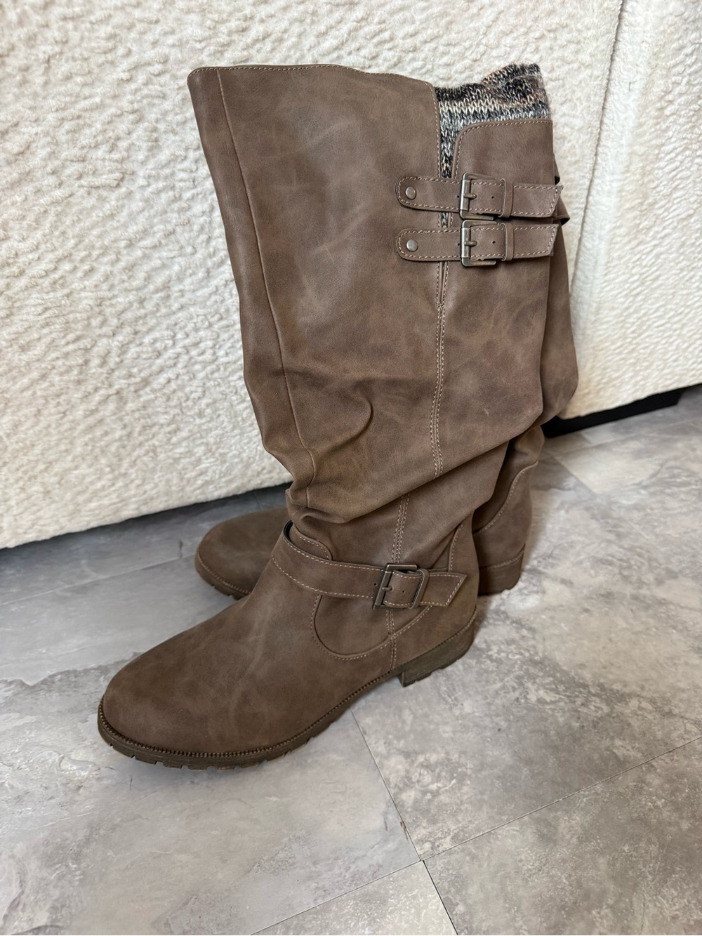 Jellypop Taupe Slouchy Knee-High Buckle Boots